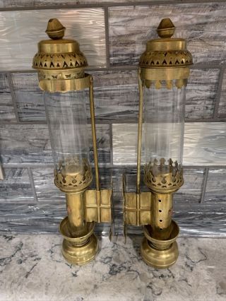 Vintage Railway Train Carriage Wall Sconces Candle Brass Glass 