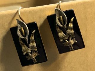 Antique Victorian G.  F.  Pierced Earrings Black Onyx & Applied Multi Color Lillies