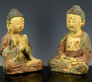 Antique Chinese Or Japanese Polychrome Painted Carved Wood Buddha Figures