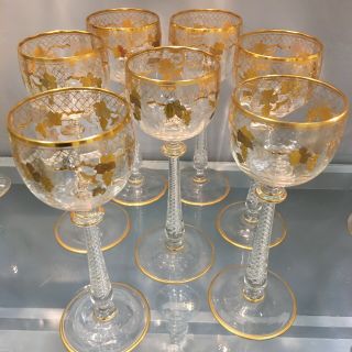 7 Antique Moser Wine Glasses Ornate Gilt Enamel Air Twist Stems Grapes Goblets