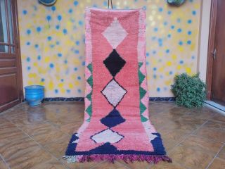 Berber Moroccan Handmade Wool Rug 3ft 1 X 8ft 3 Vintage Bohemian Lozenge Symbols