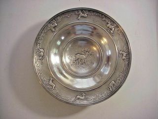 Antique 800 Sterling Silver Footed Bowl With Deer Stags Repose Design Uno A Erre