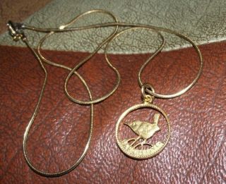 Vintage Rare Farthing Wren Coin Cut Out Pendant Charm On Chain Gold Plated
