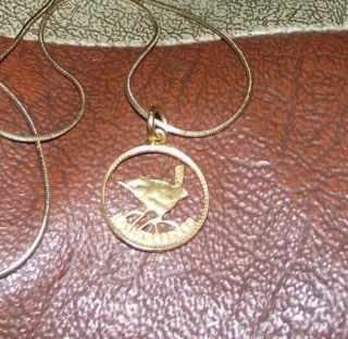 Vintage Rare Farthing Wren Coin Cut out Pendant Charm ON Chain Gold Plated 3