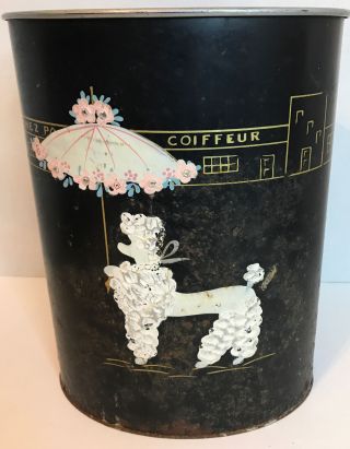 Vintage Ransburg Hand Painted Black Metal Trash Can Poodle W/umbrella