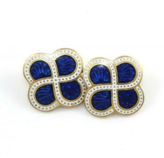 Single Art Deco Solid 18k Yellow Gold Blue White Enamel Chain Cuff Link Signed