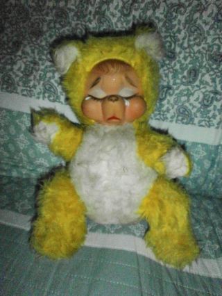 Cute Vintage Rubber Face Yellow White Fat Plush Crying Bear 13’