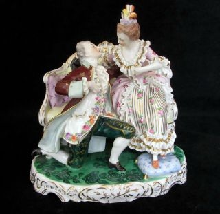 Large Antique Carl Thieme Dresden Porcelain Sofa Group Marriage Proposal 8.  5 " H