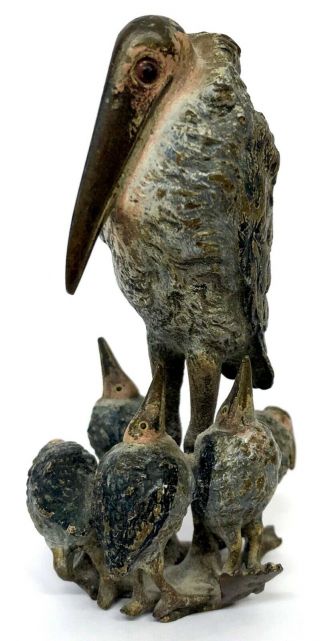 Antique Austrian Cold Painted Bronze Crane And Chicks In The Style Of Bergman