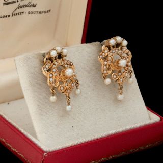 Antique Vintage Art Nouveau 14k Yellow Gold Seed Pearl Lustrous Drop Earrings