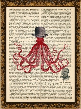 Art Print Vintage Antique Book Page Wall Art - Red Octopus Bowler Derby Hat