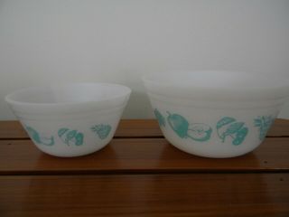 Vintage Federal Glass Fruit Fare Turquoise Aqua On White Mixing Bowls 5 " & 6 "