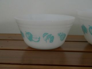 Vintage Federal Glass Fruit Fare Turquoise Aqua on White Mixing Bowls 5 
