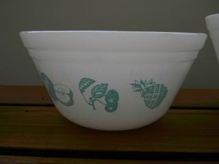 Vintage Federal Glass Fruit Fare Turquoise Aqua on White Mixing Bowls 5 
