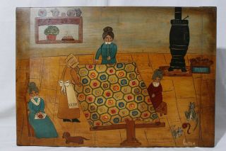 Vintage Country Folk Art Painting On Board Farm House Decor Quilting Signed
