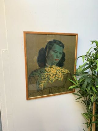 Vintage Mid Century Retro Tretchikoff Chinese Girl On Board Framed Green Lady 2