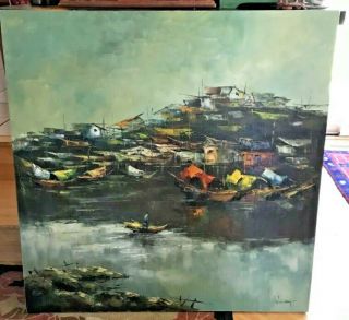 W S Chiang Mid Century Oil Painting 1970 Harbor Scene Raised Paint Large 3 
