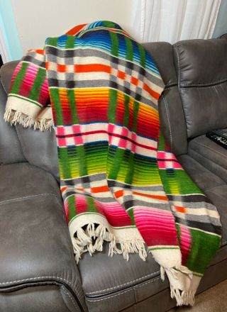 VTG Southwestern Mexican Serape Thick Reversible Wool Blanket Rug Tapestry 94x62 2