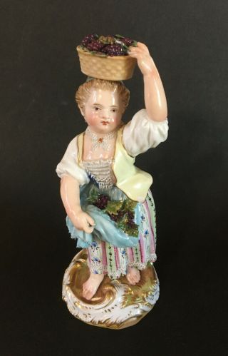 Antique Meissen Figurine Girl W/ Grape Basket On Head 1815 - 1924 Germany 5.  5 "