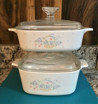 2 Vintage Corning Ware Country Cornflower Casserole Dishes W/ Pyrex Lids
