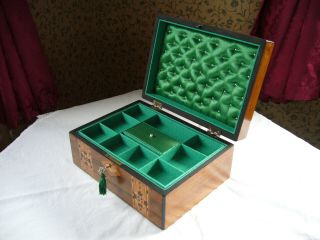 Antique Victorian Walnut Tunbridge Parquetry Inlaid Jewellery Box Green