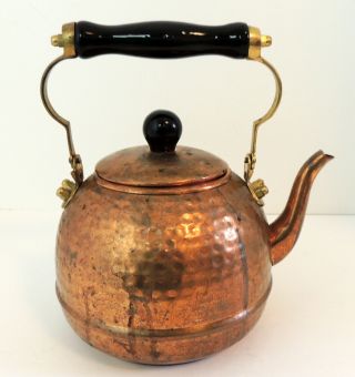 Vintage Hammered Copper Teapot Wood Handle Stainless Steel Inside