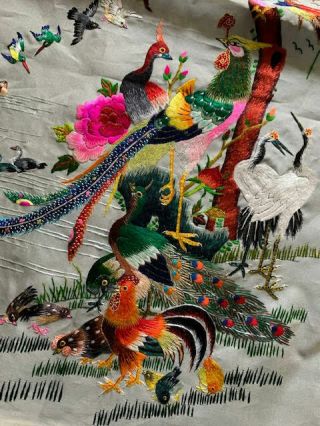 Large 23”x15.  5” Vintage Chinese Silk Embroidery Panel Birds Rooster Crane