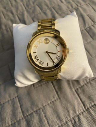 Movado Bold White Dial Yellow Gold Plated 39 Mm Unisex Watch Very Good