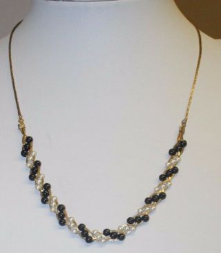 Gold Tone Chain Necklace White & Black Stripes Faux Pearls Twist 18 " Vintage
