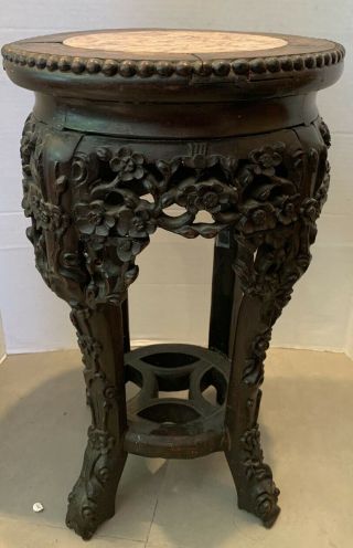 Chinese Export Antique Heavily Carved Hardwood Flower Stand Marble Top Insert