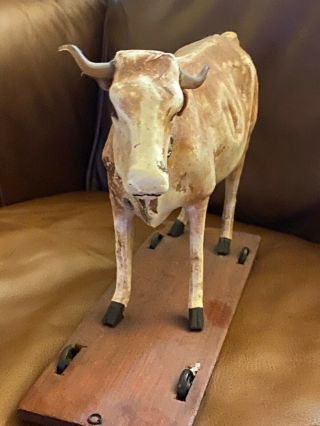 Very Well Made Antique / Vintage Cow Pull Toy / Cow Folk Art
