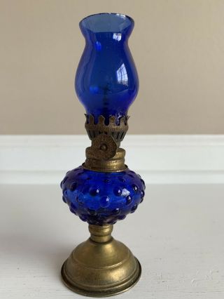 Vintage Miniature Cobalt Blue Hobnail Glass Oil Lamp 5.  5”
