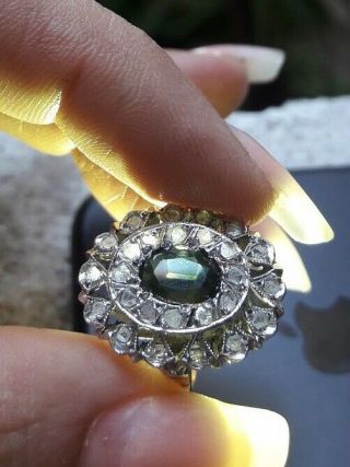 Victorian Vintage Deco Palladium 1.  5 Ct Green Tourmaline Diamond Halo Ring Sz 6