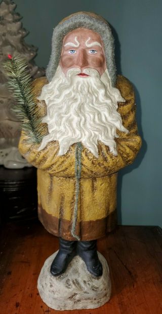 Vintage Large 17.  5 " Antique Paper Mache Santa Candy Container Toy Sprig Coat Wow