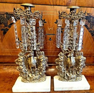 Two Antique Bronze Girandole Crystal Candle Holders With Deer Stag