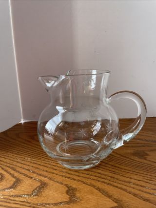 Vintage Clear Glass Pitcher Small Etched Retro Stars With Applied Handle 5 1/2”