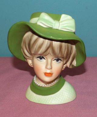 Vintage Napco Lady Head Vase With Green Hat& Bow - C7494