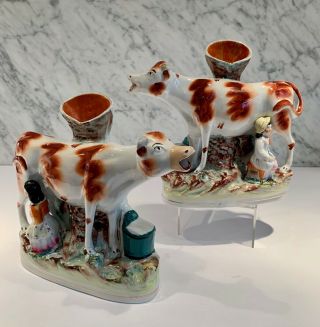 Pair Antique Staffordshire Large Cow Spill Vases Creamers 19th C