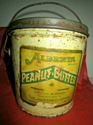 Rare Vintage Alberia Brand 1 Lb.  Peanut Butter Tin Paper Label Lid Bail
