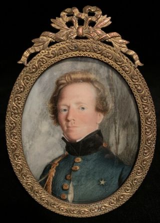 Antique Miniature Portrait Military Officer Early 19th Century Brass Frame