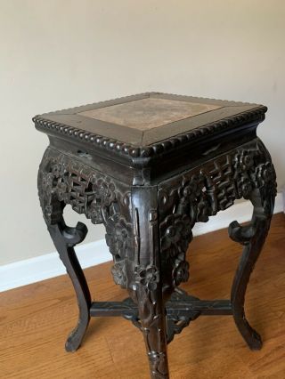 Antique Chinese Carved Hardwood Marble Top Plant Stand