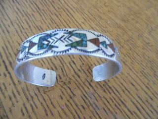 Vintage Navajo Sterling Silver Cuff Bracelet With Turquoise & Coral Inlay/marked