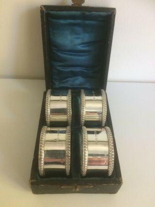 Cased Set Of Four Antique Victorian Sterling Silver Napkin Rings - B 
