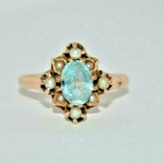 Lovely Victorian Aquamarine & Seed Pearl Ring 14k Yellow Gold Antique Size 5