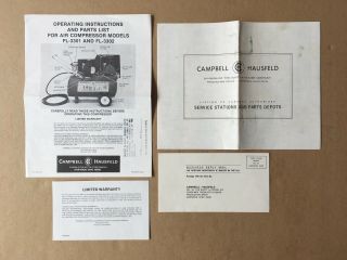 Vintage 1976 Campbell - Hausfeld Air Compressor Fl - 3301 Fl3302 Instructions Papers