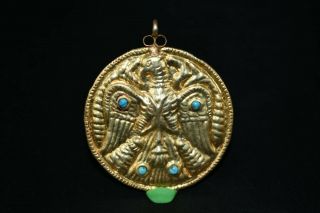 Authentic Ancient Greek Gold Turoqiuse Pendant With Engraving Of A Mystical Bird