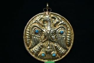 Authentic Ancient Greek Gold Turoqiuse Pendant with Engraving of a Mystical Bird 2