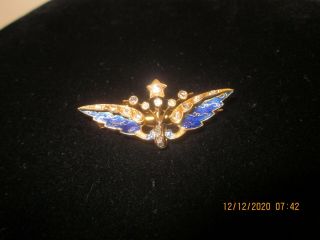 Antique 18k Gold & 19 Rose Cut Diamonds Blue Enamel Pin Brooch Pendant 4.  8 Gram