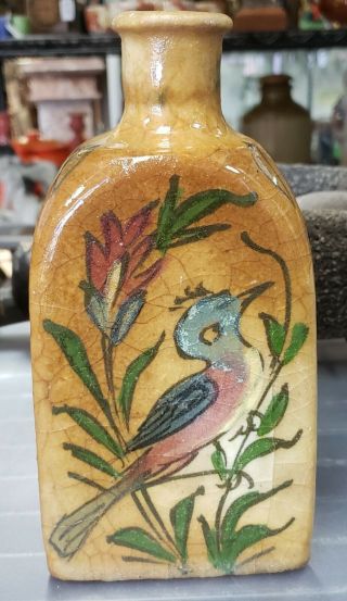Mid 19th Century Iznik Pottery Bird/floral Motifs Faceted Vase (anatolia)
