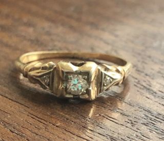 14k Solid Gold Antique Art Deco 3 Stone Diamond Ring Sz 6.  5